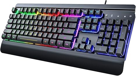 RisoPhy Gaming Keyboard, 104 Keys All-Metal Panel, Rainbow LED Backlit Silent Computer Keyboard, Wrist Rest, Multimedia Keys, Anti-Ghosting, Waterproof Light Up Wired Keyboard for PC Mac Gamer